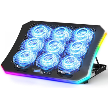 KeiBn Upgraded Gaming Laptop Cooler Pad with 9 Quiet RGB Fans, Cooling Pad for 15.6-17.3 Inch Laptops with 7 Height Stands, 2 USB Ports, Phone Stand-Blue