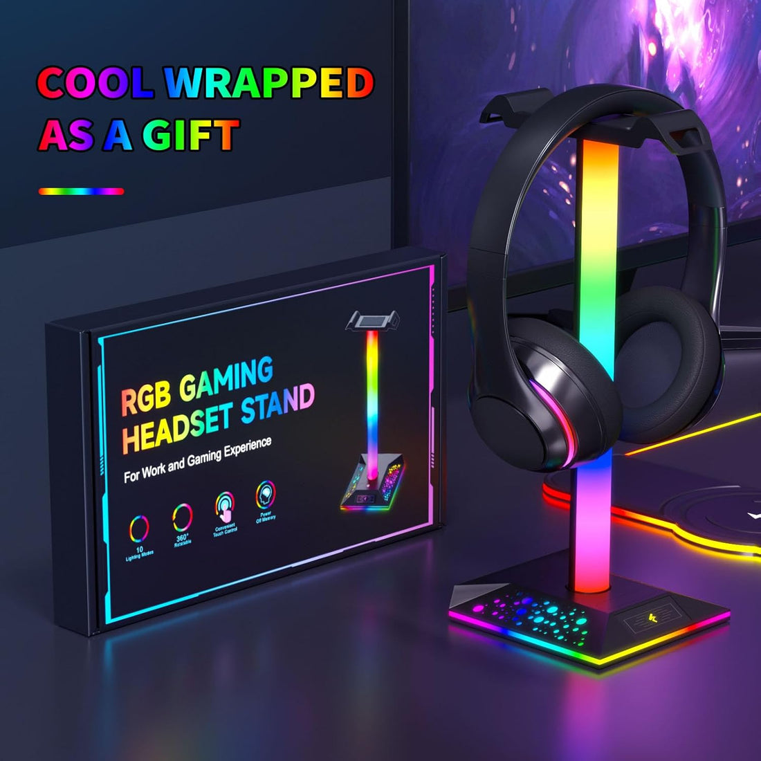 Hcman Headphone Stand Gaming Headset Holder RGB PC Gaming Accessories for Desk, Cool LED Headset Stand with 2 USB Charger for Gamer, Black